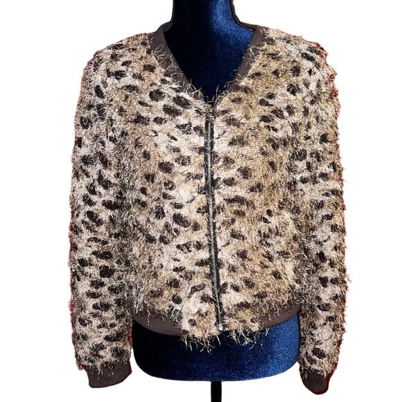 Lpve Culture faux fur leopard animal print zipper jacket size Large Like New - Picture 1 of 10